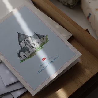 Foldet kort Danish Østerlars Rundkirke med motiv af Annemette Voss